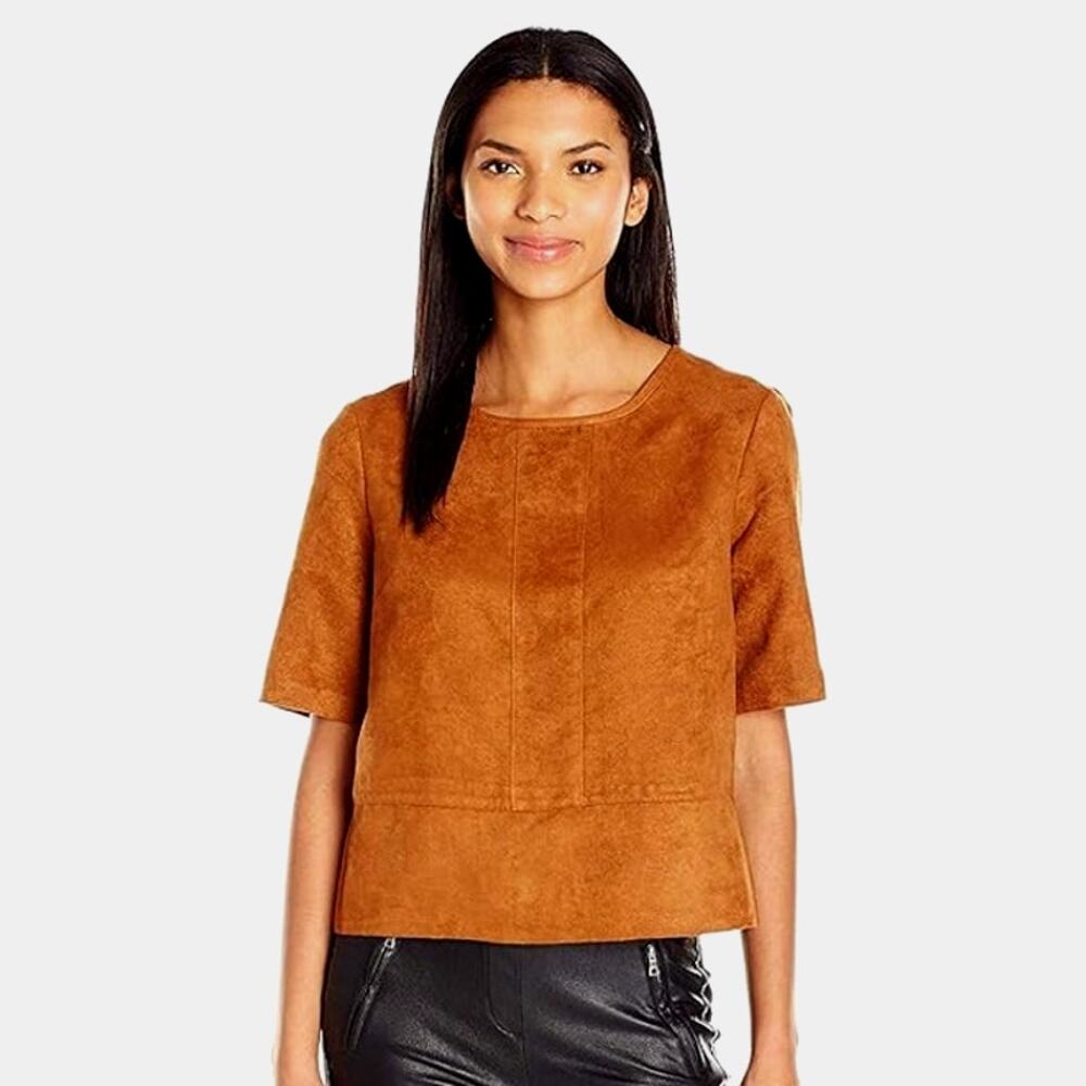 BCBGeneration Faux Suede Boxy Top Womens Size Large Brown Crew Neck Short Sleeve